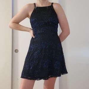 strappy, black and blue lace dress